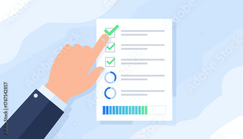 Close-up of a businessman's hand in a suit jacket and white shirt sleeve, pointing and ticking a green checkmark on a paper checklist with progress bars and circular indicators, symbolizing task