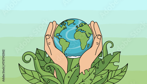 Nurturing hands cradle the vibrant Earth globe, symbolizing environmental protection and care, surrounded by lush green leaves, representing nature's embrace and the importance of ecological balance