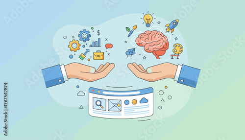 Conceptual illustration of hands offering business strategy and creative ideas, symbolizing innovation, growth, and project development with icons of gears, charts, brain, lightbulb, rocket, and art
