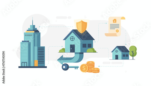 Conceptual illustration of a mortgage loan process, showcasing a skyscraper representing a financial institution, a house with a shield symbolizing insurance, a key, coins, and a property deed, all
