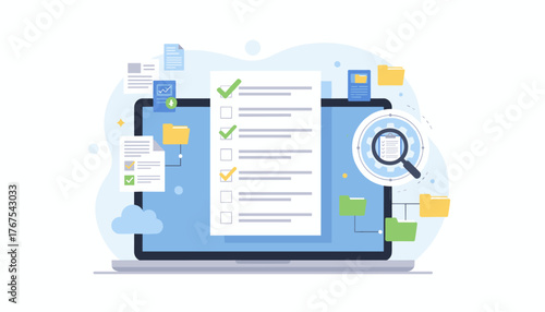 Digital checklist and online survey form displayed on a laptop screen, with a magnifying glass examining data and folders representing digital organization, symbolizing efficient data management and