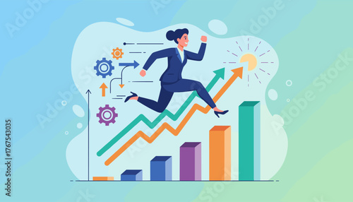 Dynamic illustration of a determined businesswoman in a suit energetically running up a rising graph, symbolizing overcoming obstacles and achieving success on her career journey, with gears and sun