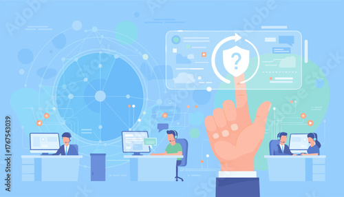 Abstract digital network with a hand touching a virtual screen displaying a security shield icon with a question mark, representing technology, support, and data protection in a modern business