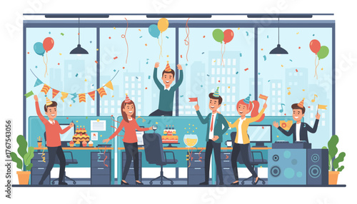 Joyful office workers in party hats celebrate a special occasion with balloons, confetti, and a festive cake, creating a vibrant and happy atmosphere in a modern workspace with city views.