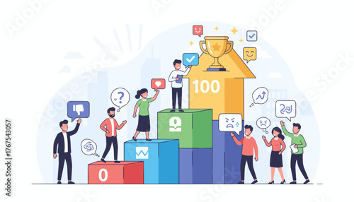 Diverse group of people actively participating in a business success journey, leaving feedback and comments, climbing a progress chart towards a golden trophy, symbolizing achievement and positive