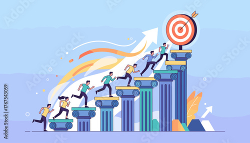 Diverse group of people running up a staircase made of classical columns towards a bullseye target, symbolizing ambition, success, and achieving goals in a vibrant, modern flat illustration style