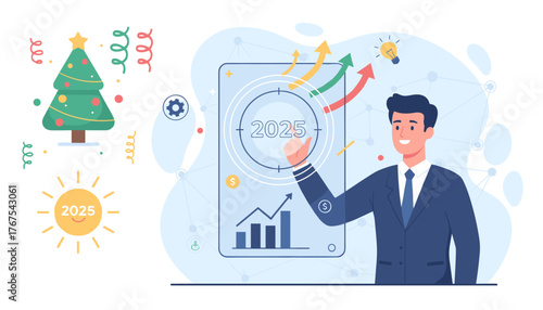 Positive business indicators and growth projections for 2025, illustrated by a businessman interacting with a futuristic interface displaying charts, arrows, and a lightbulb for new ideas, alongside