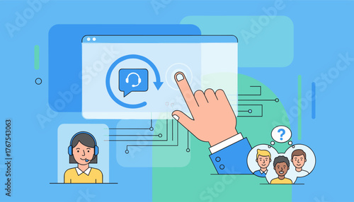 Vibrant illustration of a hand interacting with a digital interface, featuring a support icon with headphones and a speech bubble, symbolizing customer service and online assistance, with a team of