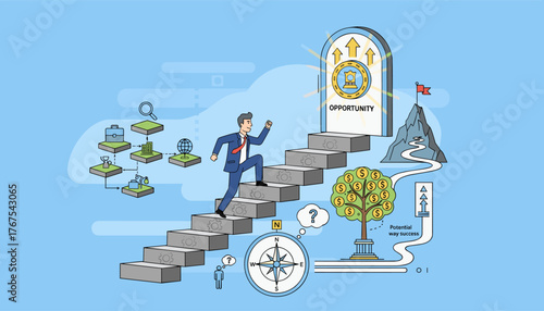 A businessman climbs stairs towards an open door labeled OPPORTUNITY, symbolizing career growth and success, with elements like a money tree, compass, and business icons representing the journey and