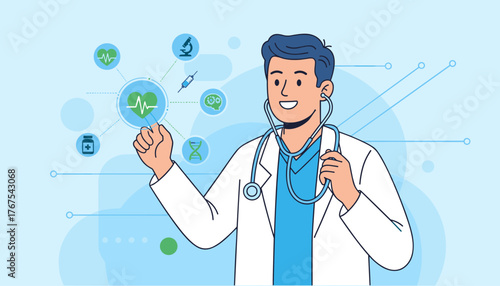 A friendly male doctor in a white coat, wearing a stethoscope, interacts with a digital interface displaying medical icons like a heartbeat, DNA, brain, microscope, syringe, and pill bottle