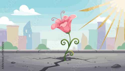 A vibrant pink lily flower bravely pushing through a cracked concrete street, bathed in the warm glow of sunshine, symbolizing resilience and hope amidst an urban cityscape with blurred buildings and