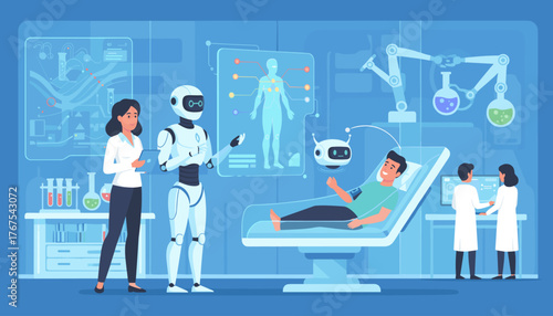 Advanced medical technology in a futuristic clinic: AI robots and doctors collaborate to diagnose patients, utilizing holographic displays and robotic arms for precise treatments and research