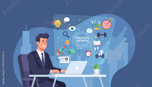 Concept of personal growth illustrated by a businessman working on a laptop, surrounded by icons representing creativity, vision, motivation, learning, and physical fitness, set against a backdrop of