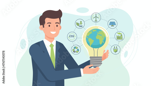 Net-zero and carbon-neutral concept: Businessman holding a lightbulb with Earth inside, surrounded by icons of renewable energy, recycling, and CO2 reduction, symbolizing environmental sustainability