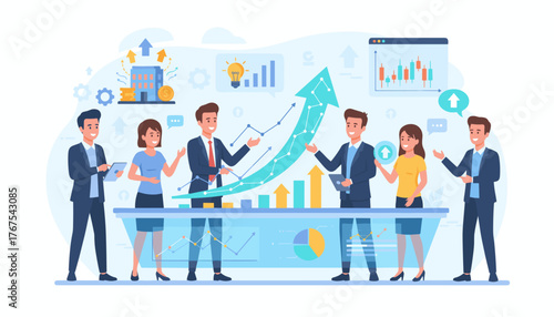 Diverse team of professionals collaborating on a business strategy, analyzing financial charts and graphs with a rising arrow symbolizing growth and success, presented in a vibrant, modern flat