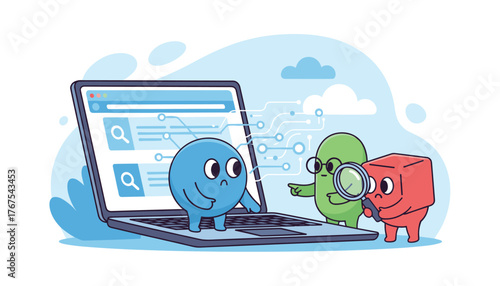 Charming vector illustration featuring three adorable cartoon characters, a blue blob, a green oval, and a red cube, gathered around a laptop, actively engaged in searching and analyzing information