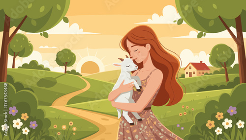 Charming illustration of a young woman with flowing auburn hair tenderly embracing a white baby goat in a serene, sun-drenched countryside landscape with rolling green hills, a winding path, blooming