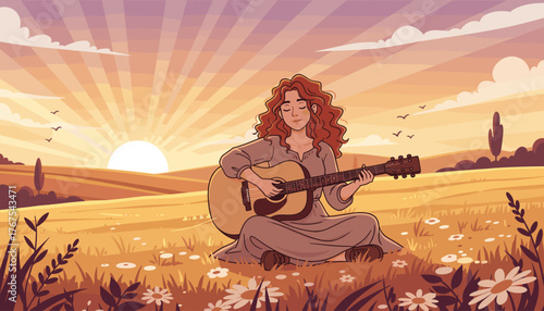 Serene woman with flowing red hair playing an acoustic guitar in a sun-drenched rural field, surrounded by wildflowers and rolling hills under a vibrant sunrise sky with birds flying overhead