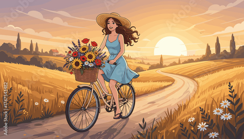 A joyful woman with long brown hair, wearing a blue sundress and a wide-brimmed straw hat, rides a vintage bicycle along a country road, her basket overflowing with a vibrant bouquet of sunflowers