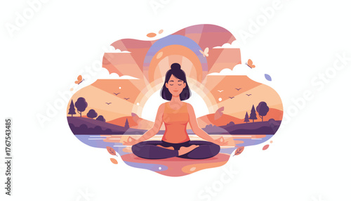 Serene woman meditating in lotus pose amidst a vibrant, stylized landscape at sunrise, symbolizing inner peace, mindfulness, and a connection with nature, with gentle butterflies and birds adding to