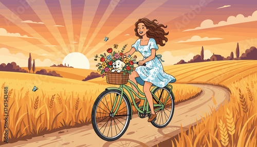 A joyful woman with flowing brown hair rides a vintage bicycle through a golden wheat field at sunset, her basket overflowing with colorful flowers and a small white dog, with butterflies fluttering