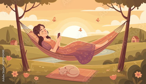 Serene woman relaxing in a hammock outdoors, scrolling on her smartphone amidst a picturesque landscape with rolling hills, a small pond, and blooming flowers, while her cat sleeps peacefully nearby