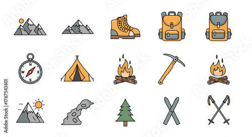 Collection of flat design icons representing outdoor adventure and camping activities, including mountains, a compass, tent, campfire, hiking boots, backpack, ice axe, pine tree, skis, and trekking