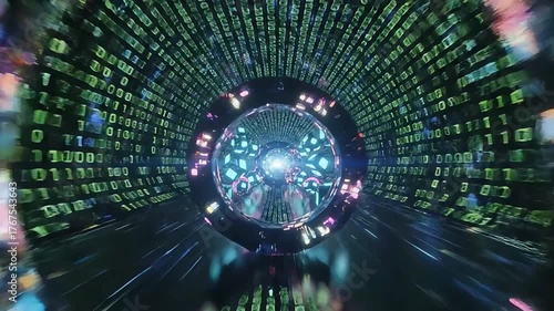 Wallpaper Mural navigating digital space binary code tunnel with futuristic elements illustrating data flow in ai networks for technology presentations. Torontodigital.ca
