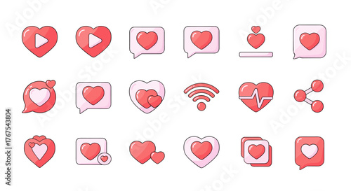 Collection of modern flat icons with hearts and social media symbols, perfect for digital design, user interface elements, and online communication platforms, featuring play buttons, chat bubbles