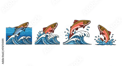 Dynamic illustration of four salmon leaping out of stylized blue waves, capturing the powerful movement and energy of these iconic fish as they navigate their aquatic environment, perfect for nature