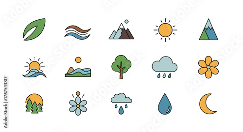 A collection of flat design icons representing nature and weather elements, including a leaf, waves, mountains, sun, trees, clouds with rain, flowers, a water droplet, and a crescent moon, all set