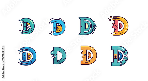 Set of eight unique, stylized letter D designs with playful cartoon faces and vibrant, modern color palettes, featuring blue, teal, and orange hues, perfect for branding, educational materials, or