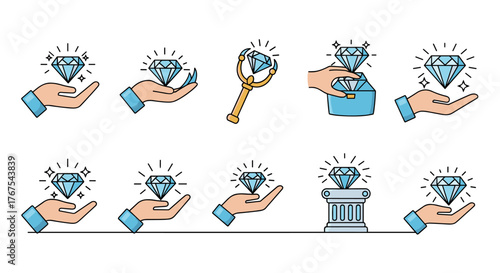 Collection of flat design icons showcasing diamonds held in hands, placed on pedestals, and presented in treasure chests, symbolizing value, wealth, luxury, and preciousness in various business and