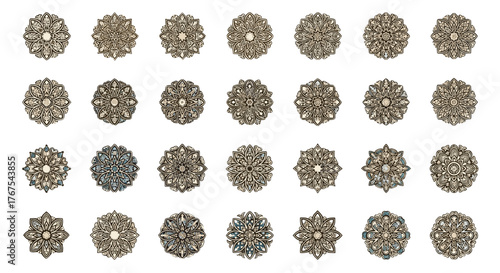 Collection of 28 intricate mandala designs in beige and blue tones, featuring delicate floral patterns and geometric symmetry, perfect for graphic resources, decorative elements, and cultural art