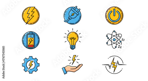 Set of nine flat design icons representing energy and technology concepts, including lightning bolts, a power plug, a light bulb, a battery, an atom, a gear, a hand holding electricity, a power