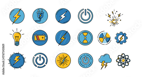 A vibrant collection of electricity and energy-related icons, featuring lightning bolts, power buttons, light bulbs, batteries, plugs, gears, atomic symbols, and weather phenomena like clouds and