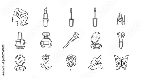 Collection of beauty and cosmetic icons in a clean white outline style on a black background, featuring a woman's profile, lipstick, mascara, nail polish, perfume bottle, makeup brushes, compact