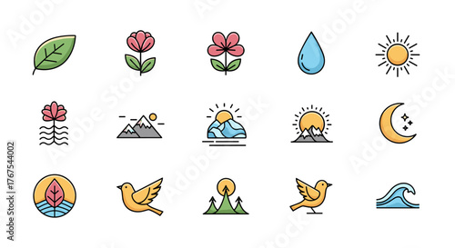 A vibrant collection of nature-themed icons, featuring a single green leaf, pink flowers, a water droplet, a bright sun, majestic mountains, a crescent moon with stars, a stylized plant in water