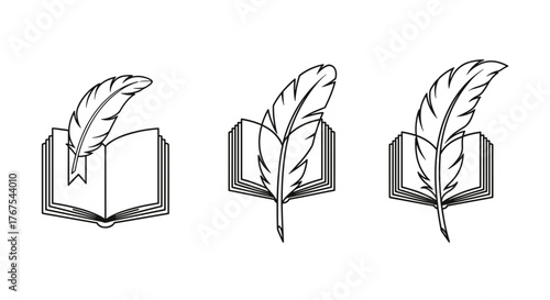 Set of three minimalist white line art icons depicting an open book with a quill pen inserted, symbolizing writing, literature, knowledge, education, and creativity, isolated on a black background.