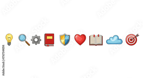 A collection of stylized icons representing core concepts: a glowing lightbulb for ideas, a magnifying glass for research, a gear for process, a closed book for knowledge, a shield for protection, a