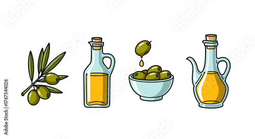 Vibrant illustration of fresh green olives on a branch, a bowl of olives with one dripping oil, and two elegant glass bottles filled with golden olive oil, perfect for culinary and health-related