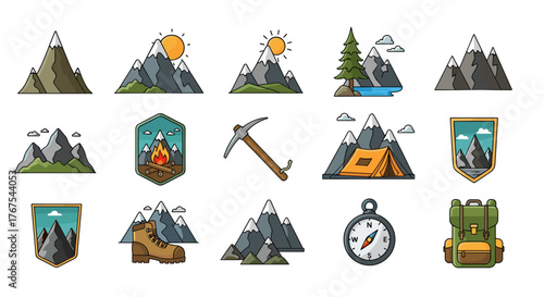 Collection of vibrant, stylized vector icons representing outdoor adventure and mountain exploration, including snow-capped peaks, camping tents, campfires, hiking boots, backpacks, compasses, and