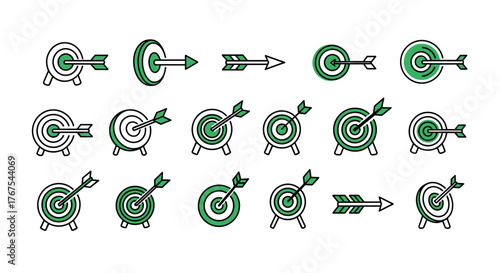 Set of green target and arrow icons on a black background, representing goals, accuracy, and achievement in business, sports, and strategy. These vector graphics are perfect for presentations