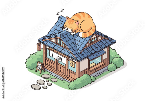 An adorable orange tabby cat peacefully sleeps curled up on the blue tiled roof of a charming isometric traditional Japanese-style building surrounded by gre...