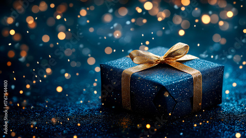 Elegant blue gift box adorned with a golden ribbon, resting on a shimmering surface, surrounded by soft bokeh lights, creating a festive Christmas atmosphere of joy and celebration