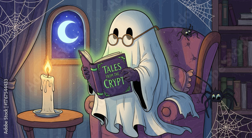 Halloween Ghost Reading Tales From The Crypt Vector Illustration