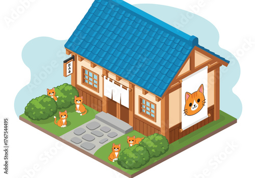 An isometric illustration of a traditional Japanese house with a blue roof, surrounded by several cute orange cats and green bushes.