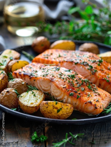 Delicious oven-baked salmon fillet with crispy potatoes and fresh herbs on a rustic kitchen counter