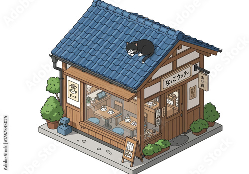 An isometric illustration of a charming Japanese-style cafe with a black and white cat sleeping peacefully on its blue tiled roof, surrounded by potted greenery.