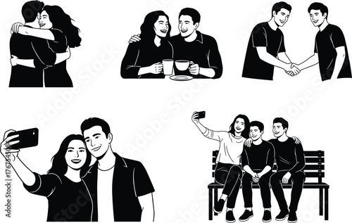 Friendship and Social Interaction Silhouettes – Vector Set of Human Connection and Shared Moments